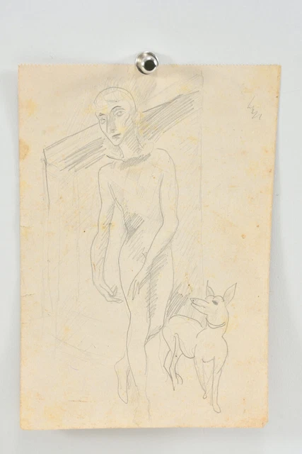 L85T14-Estate Ernesto de Fiori (1884-1945) Sketch, Young Man with Dog