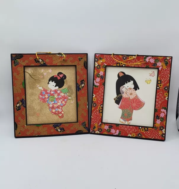 Pair Of Vintage Japanese Girls in Kimono Picture Paper Art Craft in Frame Small