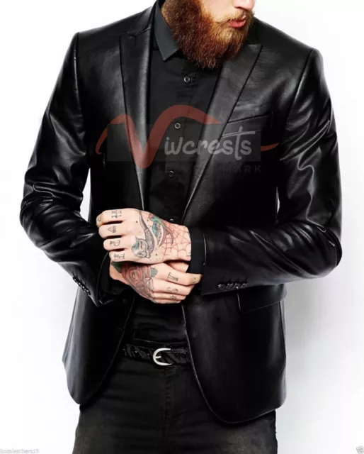 Mens Black Blazer Real Genuine Leather Coat Jacket Classic Stylish Soft Leather