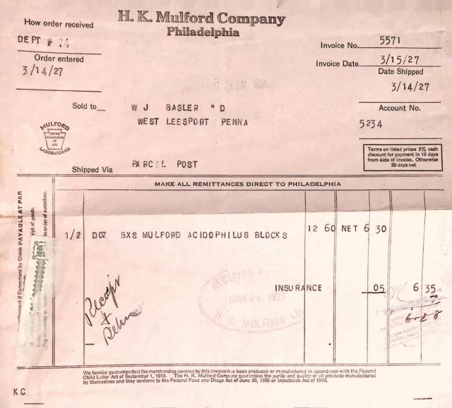 HK Mulford Co. Philadelphia PA 1927 Medicine Pharmaceutical Invoice Receipt