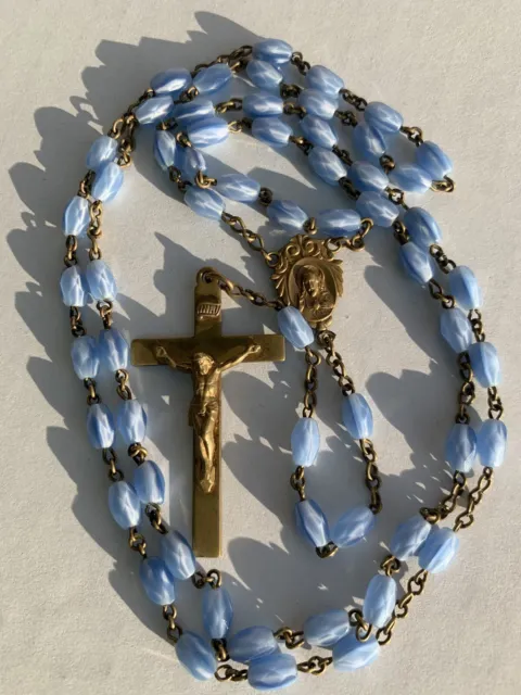 Brass Sacred Heart & Light Blue Purple Cut Faceted Oval Glass Rosary VTG
