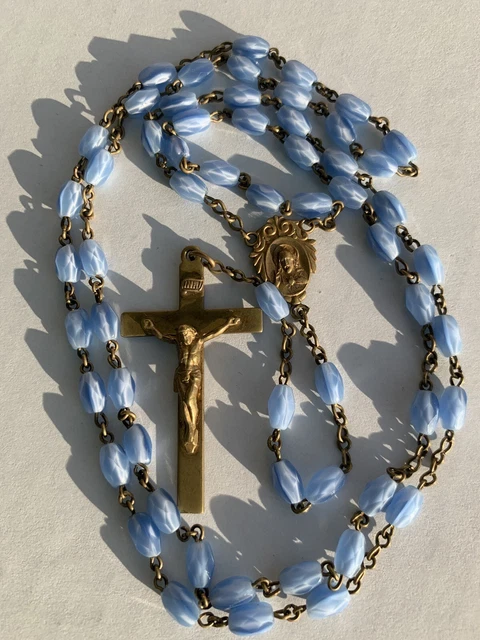Brass Sacred Heart & Light Blue Purple Cut Faceted Oval Glass Rosary VTG