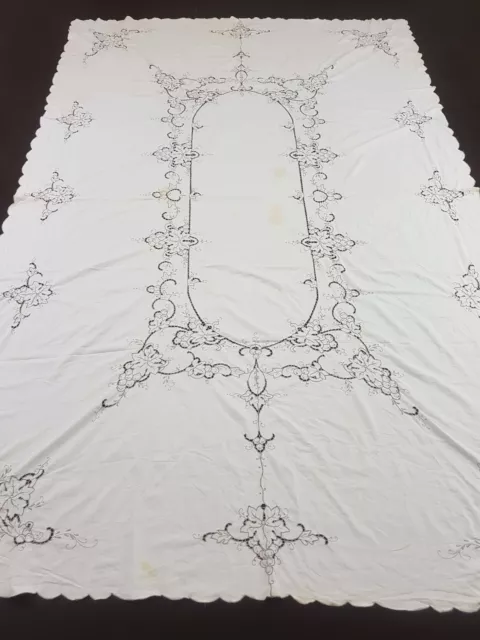 Vintage Cream Madeira Embroidered Cutwork Table Cloth 243x159cm