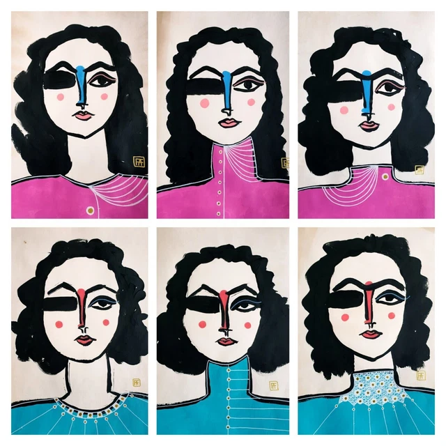 6 DIPINTI SU carta, Francoise Gilot, ritratto, arte contemporanea,  F.Aguiard EUR 85,70 - PicClick IT
