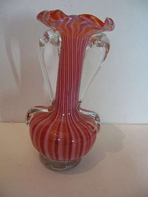 Vintage Small Murano Style Red Stripey Flower Vase With Handles 6 1/4 Inch Tall