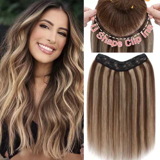 100% Real Soft Clip In Human Hair Extensions One Piece Weft Full Head V-Shape UK