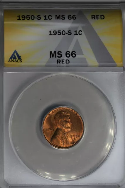 1950-S  .01  ANACS  MS 66 RED  Lincoln Head Cent, Lincoln One Cent