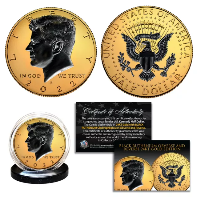 24K GOLD 2-Sided 2022 JFK Kennedy Half Dollar Coin with BLACK RUTHENIUM - P MINT