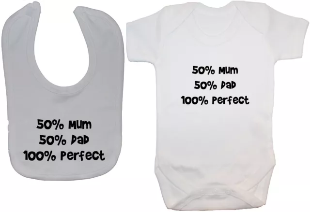 50% Mum 50% Dad Babygrow Bodysuit Romper T-Shirt & Feeding Bib 0-12m Boy Girl