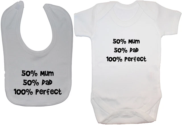 50% Mum 50% Dad Babygrow Bodysuit Romper T-Shirt & Feeding Bib 0-12m Boy Girl
