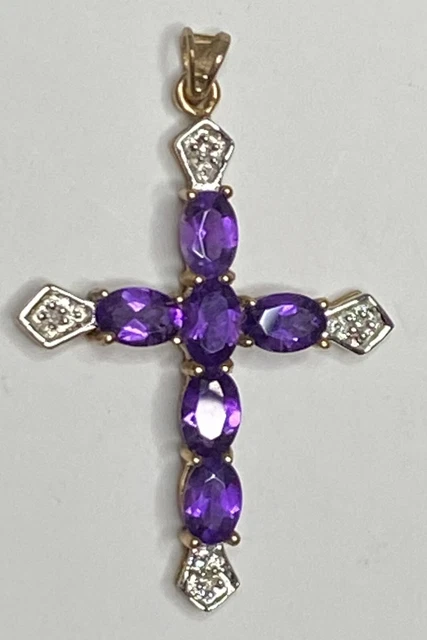 Beautiful 10K Yellow Gold Vintage Estate Amethyst & Diamond Cross Pendant 1.5"