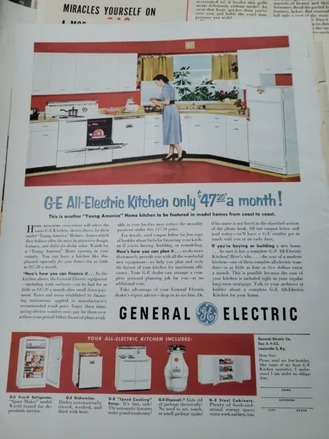 1953 General Electric all electric kitchen white cabinets vintage design ad