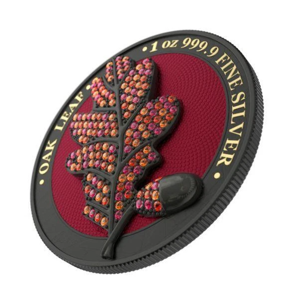 2019 Germany 5 Mark - Bejeweled Oak Leaf - Black - 1 Oz Silver Coin