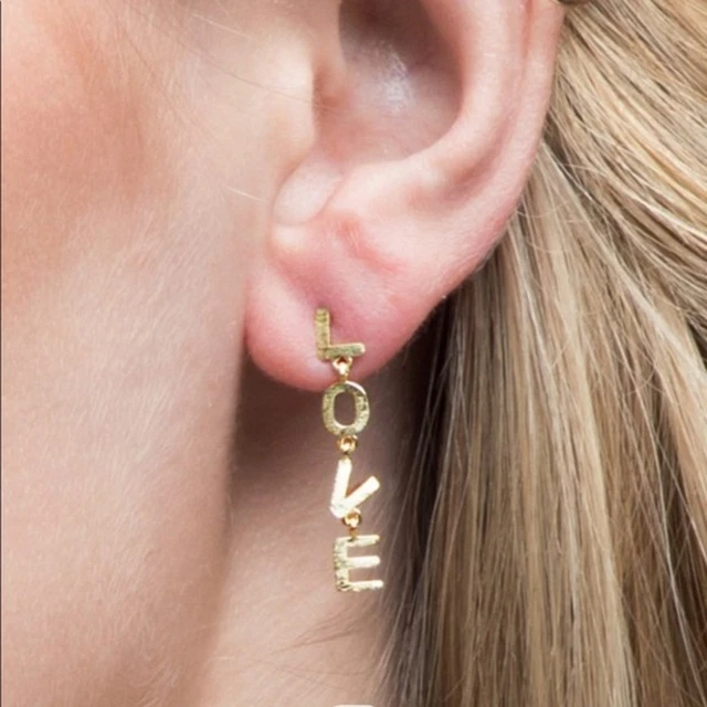 Dangle Post Earrings Gold Metal brass romantic LOVE letters DOUBLE THE LOVE 1
