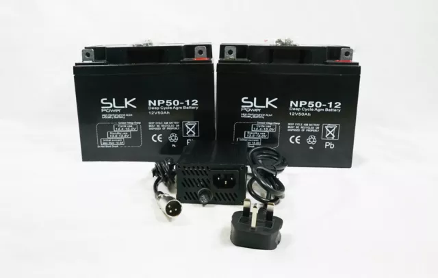 2 x 12V 50AH SLK POWER MOBILITY SCOOTER CICLO PROFUNDO BATERÍAS Y CARGADOR AGM