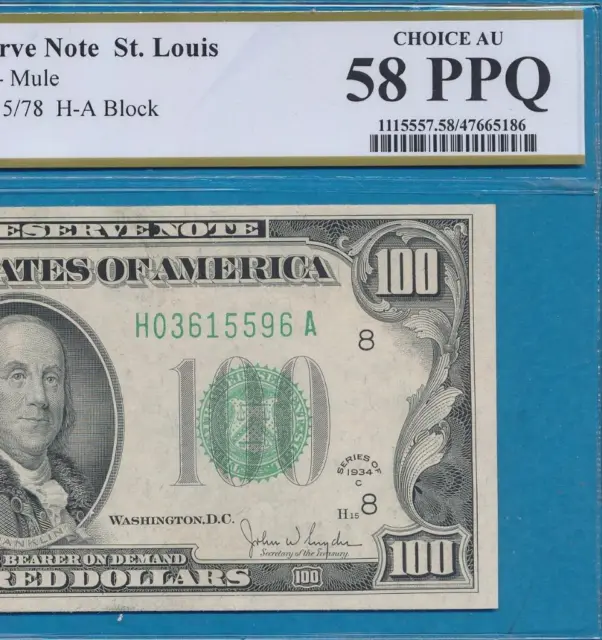 $100. 1934-C St. Louis  District Federal Reserve Note  Green Seal  Pcgs Au 58Ppq