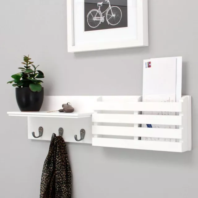 Entryway Wooden Wall Shelf with Mail Holder Organizer & 3 Metal Hooks - White