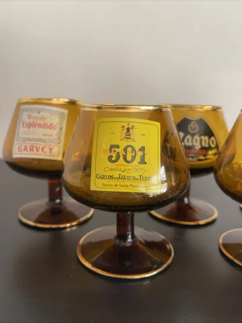Vintage Amber Glass Mini Advertisement Snifters Gold Set Of 6 Cognac Brandy