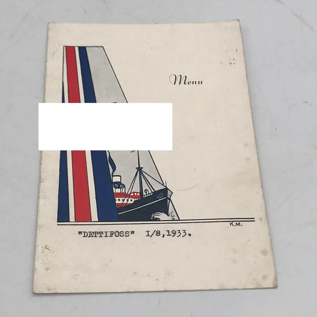 Vintage 1933 Ss Dettifoss Original Menu Card U1064 German Submarine Sunk Rare