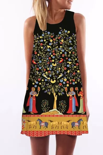 Vintage round neck digital print sleeveless dress  women casual tops