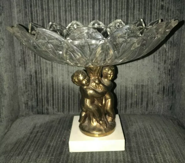 Vintage Glass Compote Candy Dish Bowl On Pedestal Cherubs with Tree Marble Base