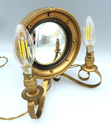Vintage Hollywood Regency 1950s Wall Light Sconce Convex Porthole Mirror Plug 2
