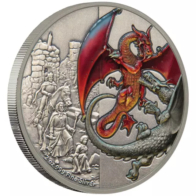 Silbermünze Roter Drache Drachen (1.) 2019 - Niue - 2 Oz Antik Finish