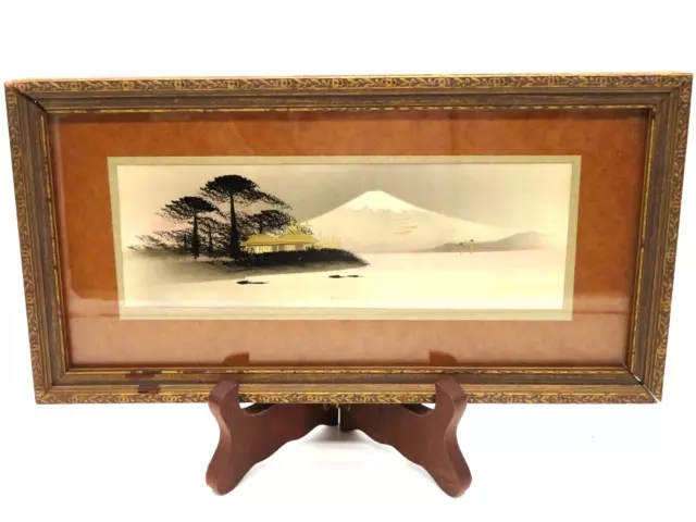 VTG 1920s Hand Colored Wood Block Art Mt Fuji Golden Temple Original Wood Frame 2