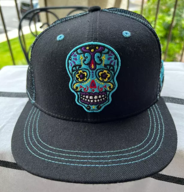 Aksels Day of the Dead Sugar Skull Embroidered Black Snap Back Cap Turquoise OS