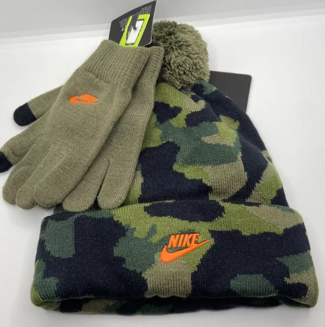 NIKE Boys Youth Army Green Camo Knit Beanie Pom Hat/Gloves Set One Sz