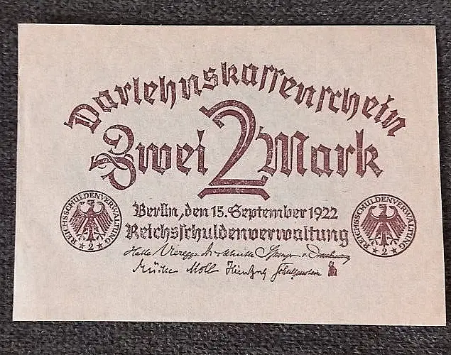 Darlehenskassenschein 2 Mark  Berlin 15.09. 1922