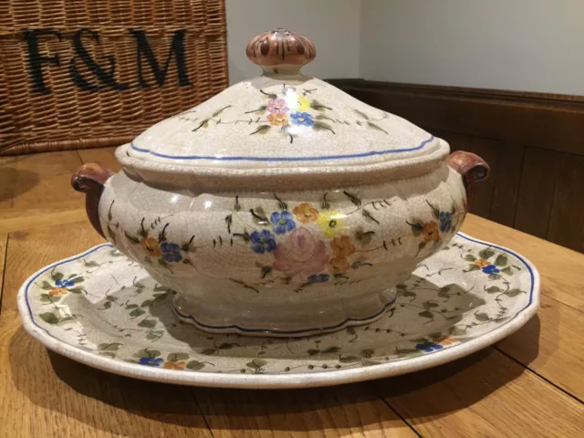 Vintage Hand Painted French Lidded Soup Tureen on Plate Serving Dish