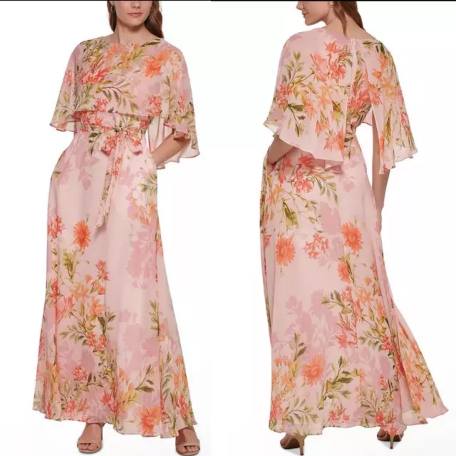 Eliza J Womens Pink Floral Chiffon Maxi Cape-Sleeve Evening Dress Gown Size 12