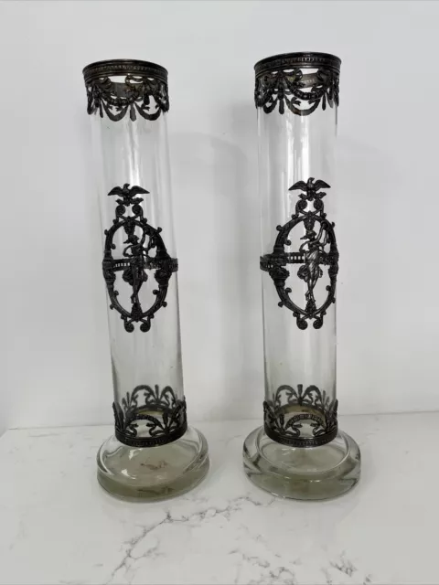 Topazio Casquinha Portugal Art Nouveau Glass Vase Set Pair Silver Plated Mounts