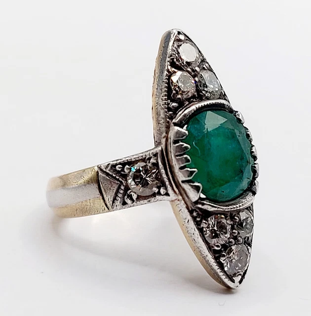 Bague Antique Or 18k Chrysoprase Et Grenats Circa 1890 Occasion - Taille 53, Style Marquise