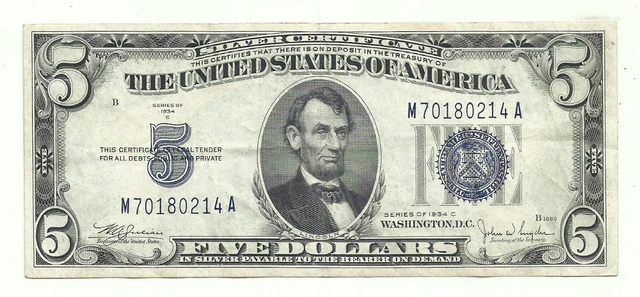 1934C $5 BLUE Seal SILVER Certificate! Old US Paper Money Currency! 2