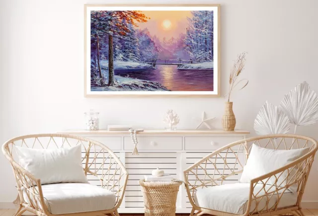 Winter River & Bridge Painting Print Premium Poster High Quality choose sizes