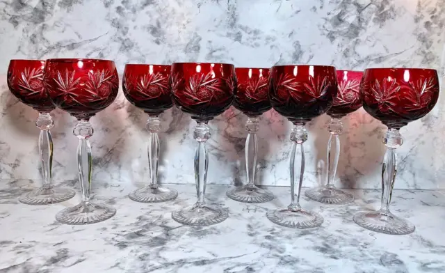 Single AnnaHutte Genuine Hand Cut-To-Clear Cranberry Red Hock Wine Glass Goblets
