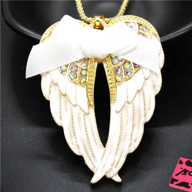 New Fashion Women White Enamel Cute Bow Wings Crystal Pendant Chain Necklace