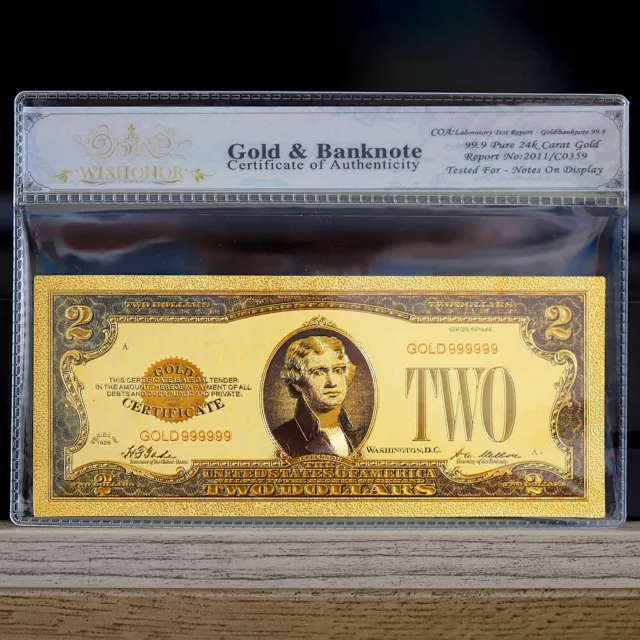 100mg 24K Gold 1928 $2 Two Dollar Bill Gold Certificate Banknote with White COA