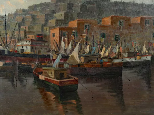 Pintura Al Óleo Älter Puerto Barcos Botes Casas Ciudad Mar No Firma Encontrado