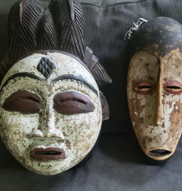 Lot of 2 tribal African wooden masks Punu Gabon and Lega