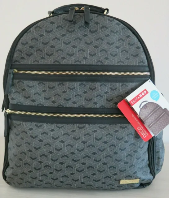 Skip Hop DECO Saffiano Diaper Backpack Black/Gray Vegan Leather Interweave Lines