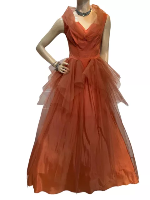 S Copper Vtg 40s 50s Ball Gown Bonwit Teller Net Old Hollywood Prom Dress