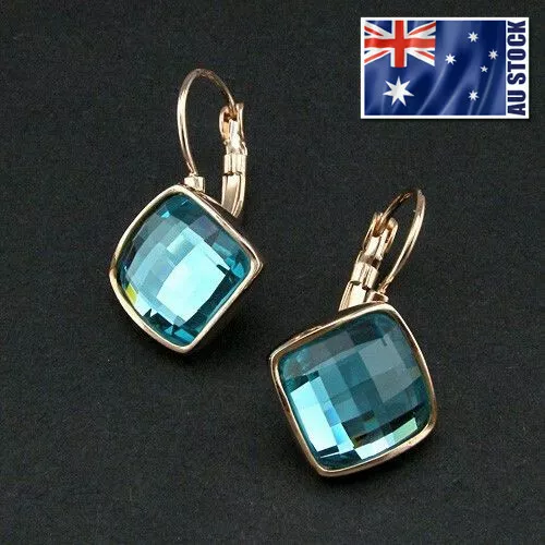 New 18K Rose Gold GF Blue Aqua CRYSTAL Square Hoop Huggie Earrings Stunning