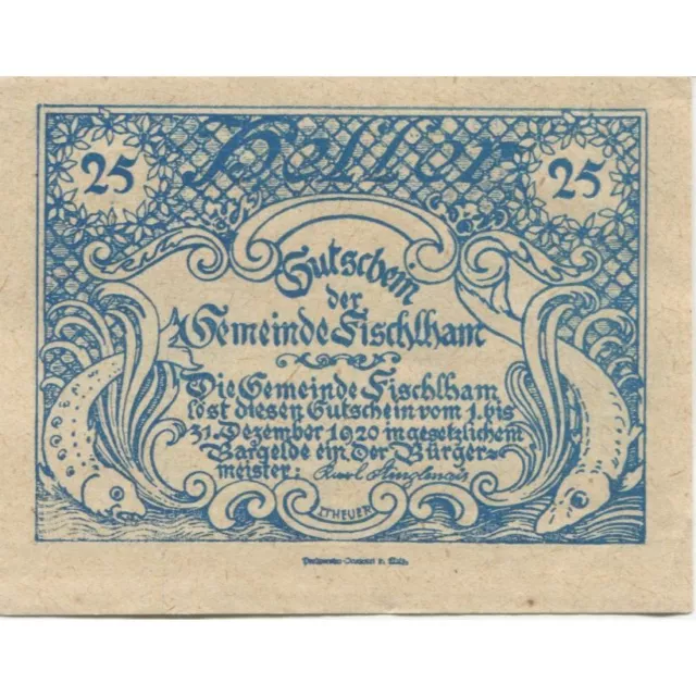 [#286133] Banknote, Austria, Fischlham, 25 Heller, Eglise, 1920 UNC(63) Mehl:FS