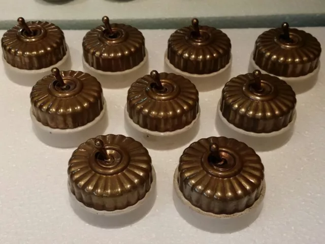 9 Pc Rare Vintage Melon Brass & Ceramic Porcelain Light Electric Switches Button