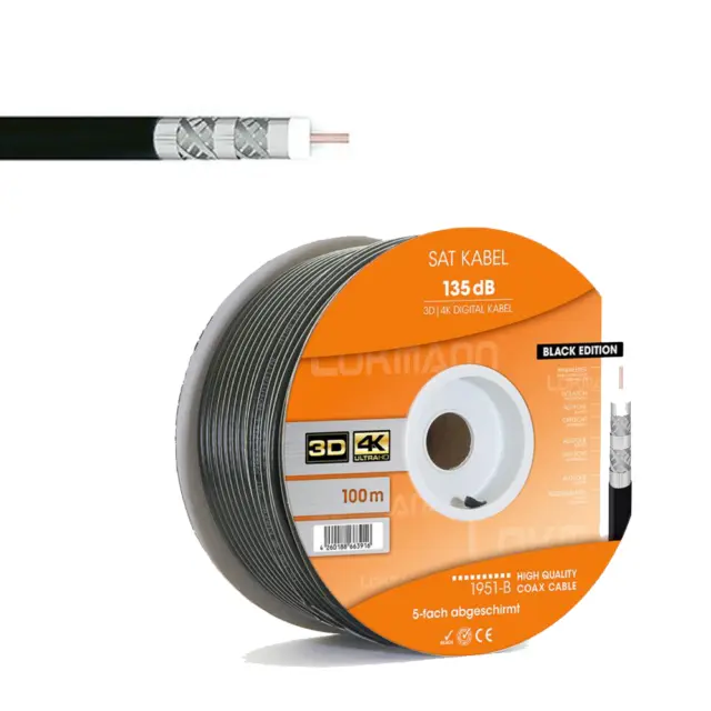 135dB Koaxial Kabel 7mm SAT Kabel Antennenkabel 5-fach FULLHD 4K 8K UHD,Schwarz