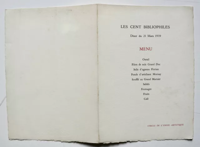 Menu Les Cent Bibliophiles , 21 Mars 1939