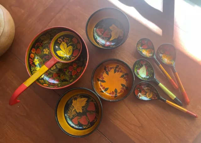 Russian Khokhloma Bowls & Spoon Set 9 Piece Vintage Wood Folk Art